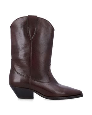 Isabel Marant Textured Calf Leather Western Boots With Pointed Toe & 4 Cm Cuban Heel - Brown