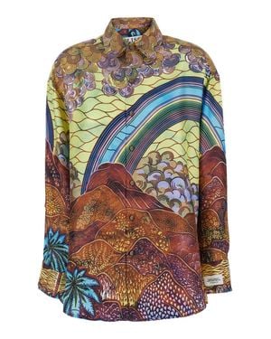 VLISCO DIALOGUES 'Dynamite' All-Over Floral Silk Shirt With Classic Collar And Logo Patch - Gray