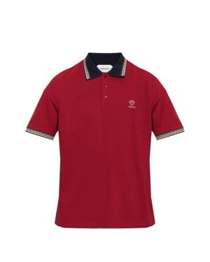 Versace Style Embroidered Medusa Logo Greek Motif Shirt-Collar Polo With Three-Button Placket