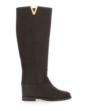 Via Roma 15 Suede Ankle Boot With Metallic V Detail And 3 Cm Low Heel - Black