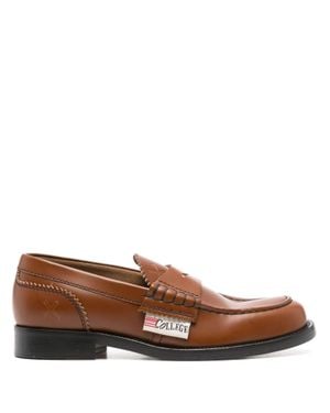 COLLEGE Almond Toe Slip-On Loafers With Logo Accent - Brown