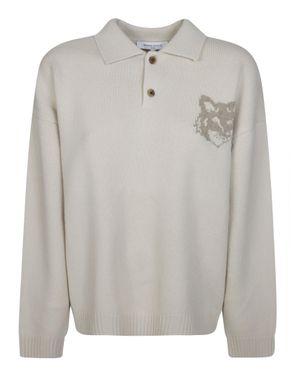 Maison Kitsuné Intarsia Fox Head Merino Wool Polo Sweater - Gray