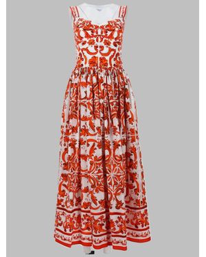 Dolce & Gabbana Long Cotton Poplin Gown With Printed Design - Red