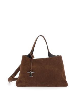 Tod's Suede Handbag With Adjustable & Removable Shoulder Strap And T Plaque, 41X26X19 Cm - Brown