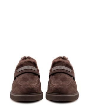 Brunello Cucinelli Suede Loafer With Shearling Trim - Brown