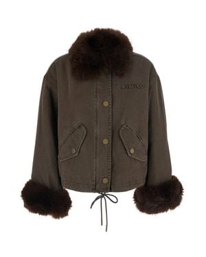 Pinko Eco-Fur Trim Cotton Jacket With Logo Lettering And Drawstring Hem - Brown