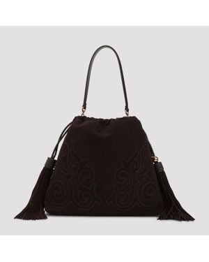 Etro Kalispera Medium Suede Goat Leather Shoulder Bag - Black