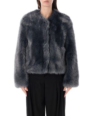 Stand Studio Patchwork Faux Fur Mini Jacket With Concealed Buttons - Blue