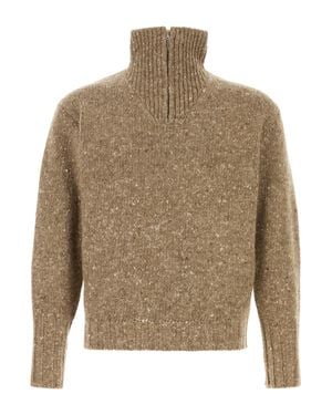 AURALEE Biscuit-Melange Wool Homespun Knit Top With High Neck And Short Zip Placket - Natural