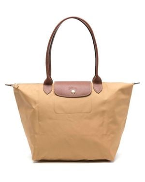 Longchamp Leather Shoulder Handbag With Button Closure - Natural