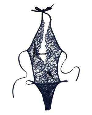 Gucci Metal-Detail Halterneck Bodysuit Top With Lace-Up Neckline - Blue