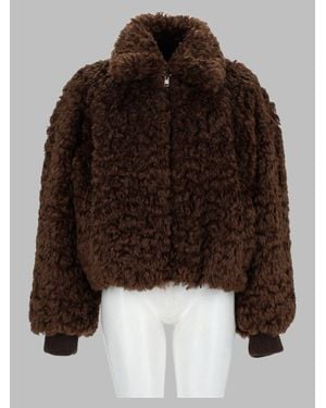 MSGM Cropped Plush Ribbed Cuff Faux Fur Bomber Jacket - Brown