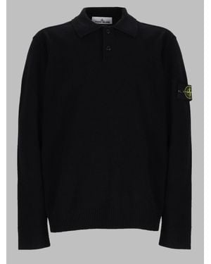 Stone Island Virgin Wool Knit Polo Sweater - Black
