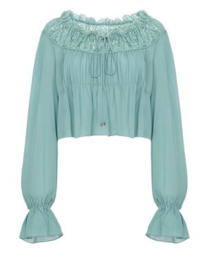 Chloé Chiffon-Soft Silk Long-Sleeve Top With Ruffle Details And Drawstring Neckline - Green