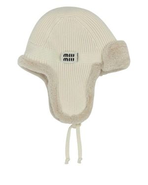 Miu Miu Miu Mini Wool & Cashmere Aviator Hat With Shearling Lining - Natural