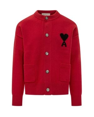 Ami Paris Crewneck Cardigan - Red