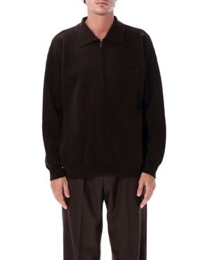 Roberto Collina Merino Wool Long-Sleeve Half-Zip Polo With Chest Patch Pocket - Black