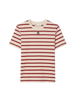 Tory Burch Logo Chest Striped Cotton T-Shirt - Pink
