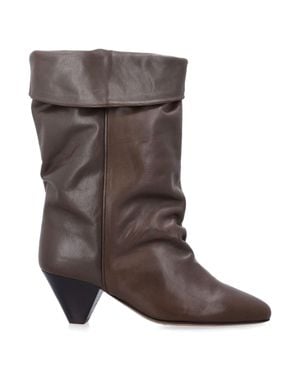 Isabel Marant Calfskin Western-Style Pointed-Toe Boots With Folded-Cuff Draped Shaft & Stacked Cone Heel - Brown