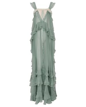 Chloé Long Organic Silk Dress With Layered Ruffles And V-Neck Lace Inserts - Green