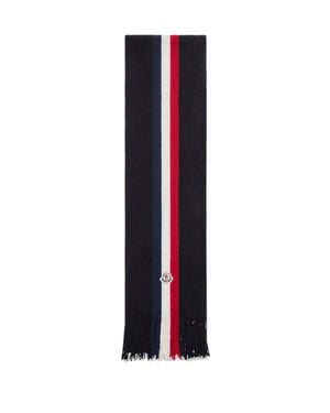 Moncler Monochrome Brioche Stitch Wool Scarf With Tricolor Stripe Fringe - Blue
