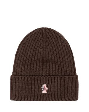 Moncler Ribbed Knit Beanie With Logo Patch - Brown
