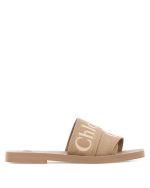 Chloé Different-Sized Ribbon Sandals With Embroidered Logo - Natural