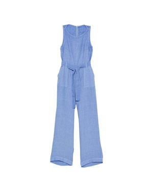 120% Lino Sleeveless Linen Jumpsuit With Belt - Blue