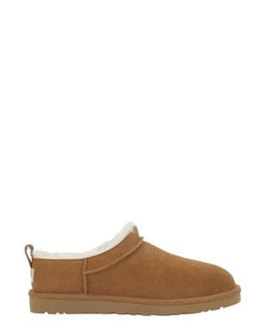 UGG Suede Flat Slip-On Mules With Side Logo And Faux Fur Lining - Brown