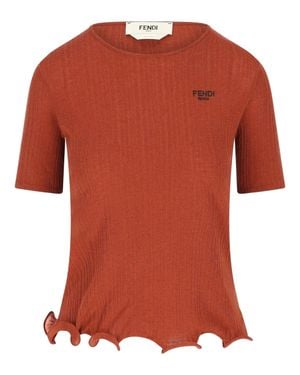 Fendi Ribbed Knit Crew Neck Top With Wave Hem And Logo Embroidery - Orange