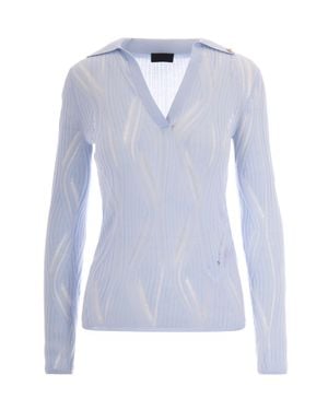 Liu Jo Sheer Ribbed V-Neck Long Sleeve Blouse - Blue