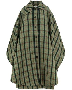 Chloé Wool Check Long Layered Cape With Oversized Silhouette - Green