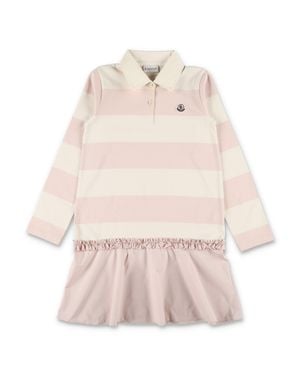 Moncler Girls Striped Long Sleeve Polo Dress - Natural