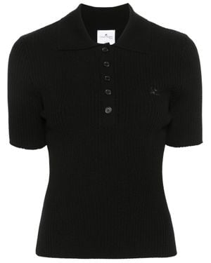 Courreges Signature Rib Knit Polo With Logo Patch - Black