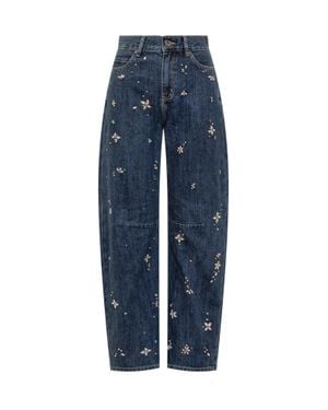 Self-Portrait Embroidered Utility Jeans With Pleated Detailing - Blue
