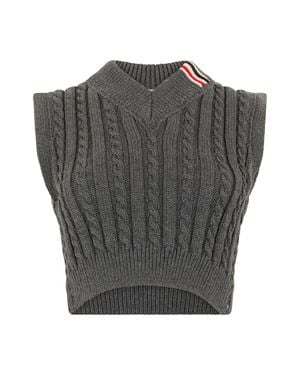 Thom Browne Woven Virgin Wool Mini Vest With Vertical Ribbing - Gray
