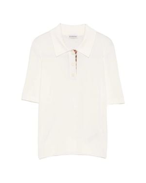 Burberry Wool Knit Button Placket Polo With Check Detail - White