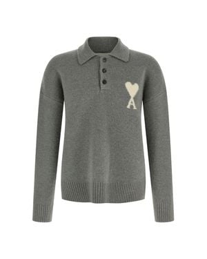 Ami Paris Alpaca Blend Intarsia Polo Sweater - Gray