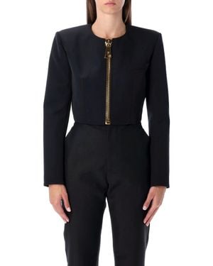 Balmain Cropped Wool Jacket With Zip - Blue