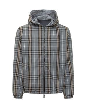 Burberry Newport Check Jacket With Hood And Zipper - Gray