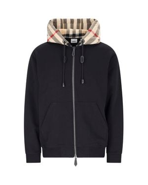 Burberry Cotton Check Pattern Drawstring Hooded Sweater With Front Zip - Blue