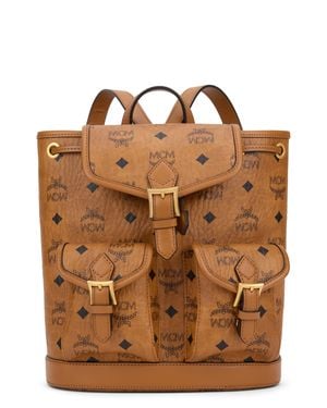 MCM Style Synthetic Leather Backpack With Buckle Front Pockets And Handles, 22.5 Cm X 24 Cm X 11 Cm - Brown