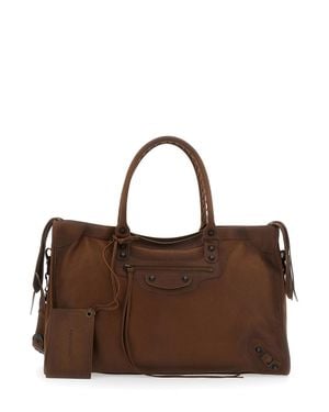 Balenciaga Large Leather Handbag With Adjustable & Removable Shoulder Strap And Removable Mirror - Brown