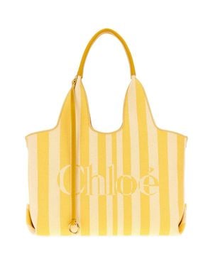 Chloé 37Cm Striped Embroidered Canvas Shopping Handbag - Yellow