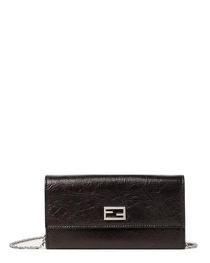 Fendi Continental Tube Wallet With Front Flap, Metal Ff Baguette Logo & Removable Chain Strap - White