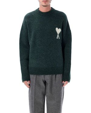 Ami Paris Alpaca Blend Crewneck Sweater With Ami Of Caur Intarsia - Blue