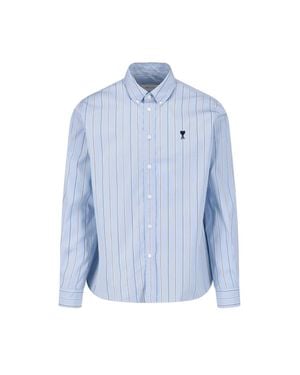 Ami Paris 100% Cotton Button-Up Shirt With Mother-Of-Pearl Buttons - Blue