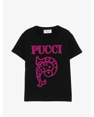 PUCCI Girls Embroidered Crew Neck T-Shirt - Black