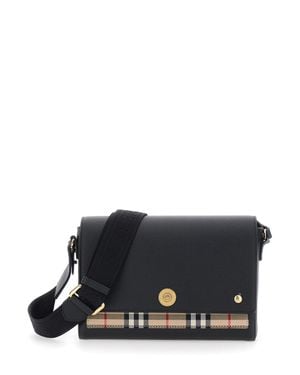 Burberry Note Mini Leather Crossbody Bag With Adjustable Strap, Logo Lettering & Check Detail - Black