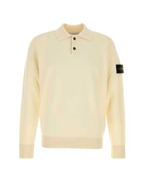 Stone Island Ribbed Collar Two-Button Wool Knit Sweater - Natural